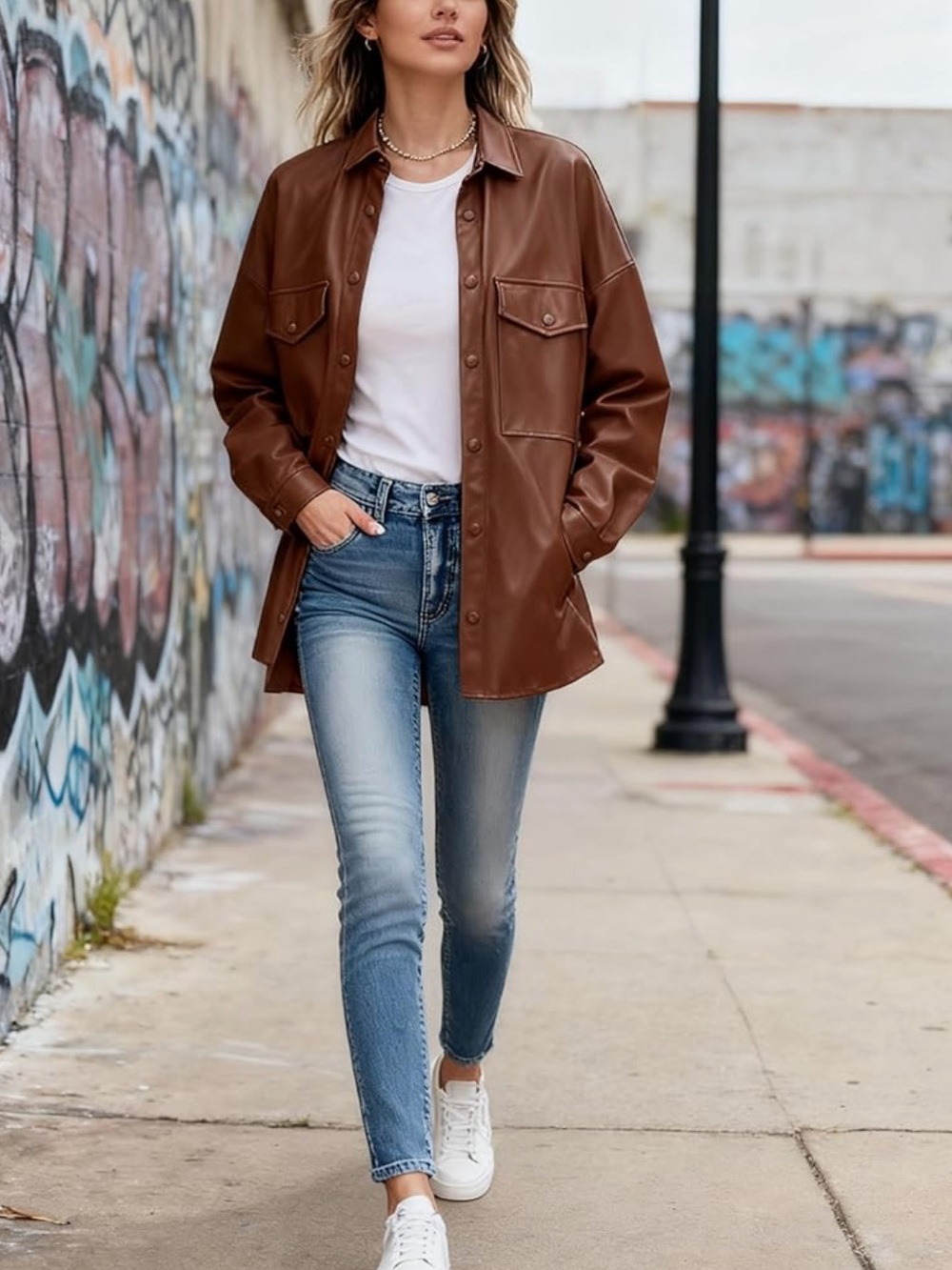 Kensie Faux Leather Oversized Shacket with Snap Buttons